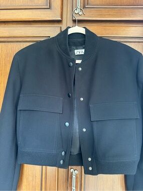 Zara Black Ribbed-Collar Bomber Jacket